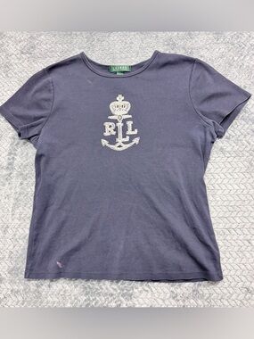 Lauren Ralph Lauren Navy Blue Beaded Crest Graphic T-Shirt Size Medium